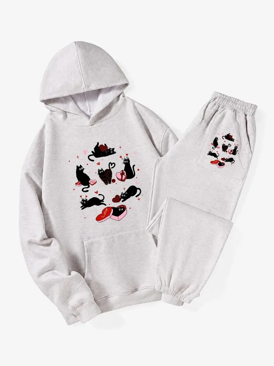Cute Black Cat Valentine's Day Hoodie Sweatshirt with Jogger Pants Set