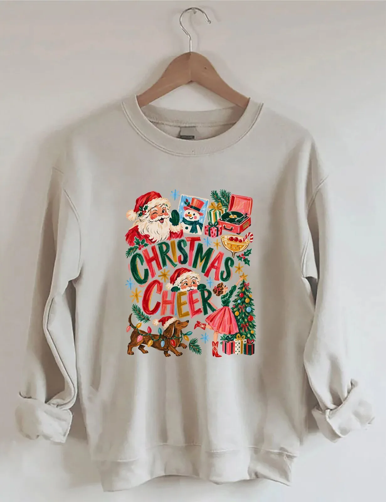 Vintage Christmas Cheer Santa Claus Dog Holiday Crewneck Sweatshirt