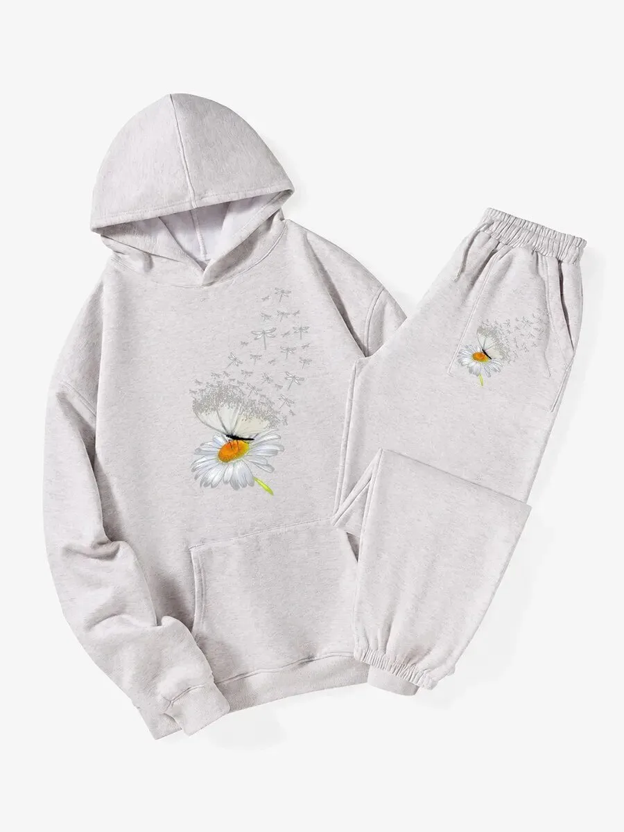 Pullover Hoodie Sweatshirt with Vintage Graphic of Daisy, Butterfly, and Dragonfly