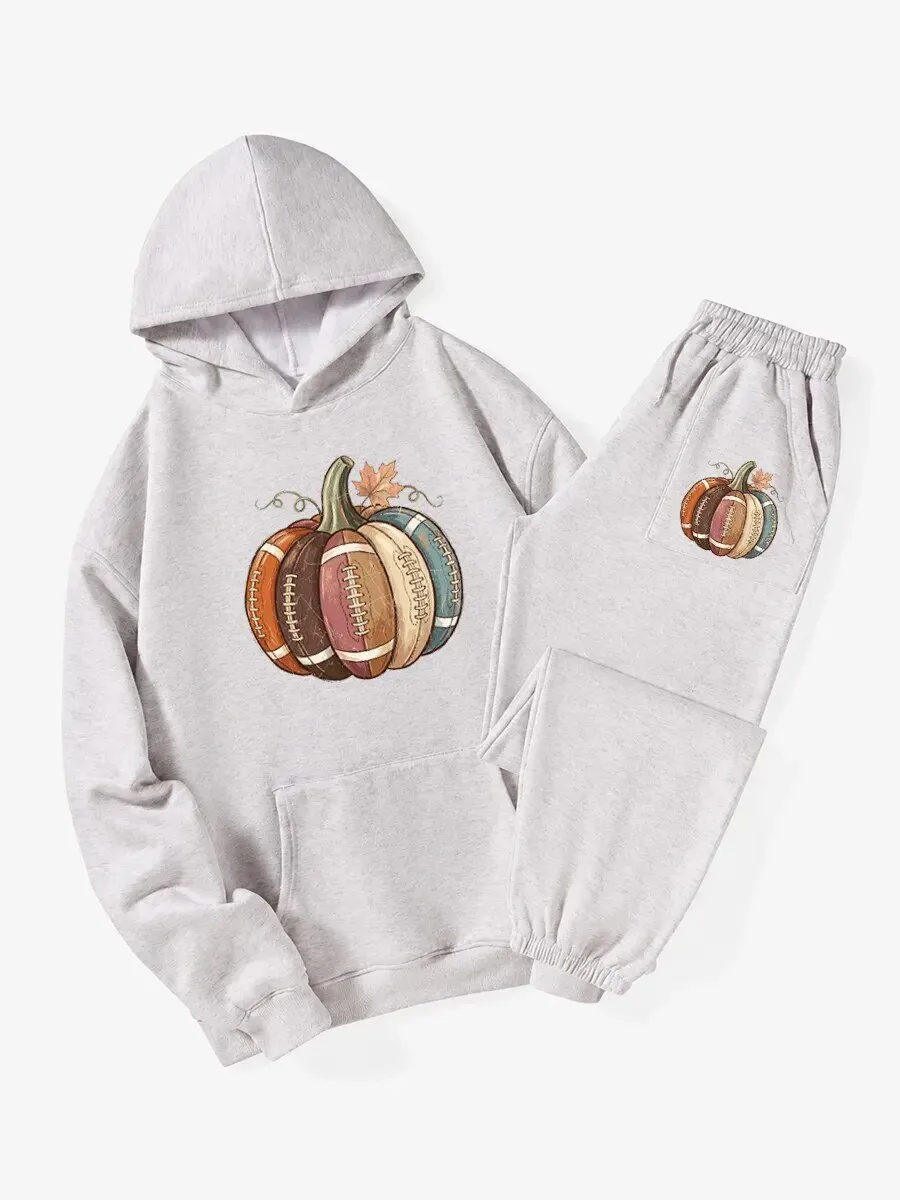 Autumn Football Pumpkin Graphic Print Long Sleeve Hoodie and Sweatpants Set