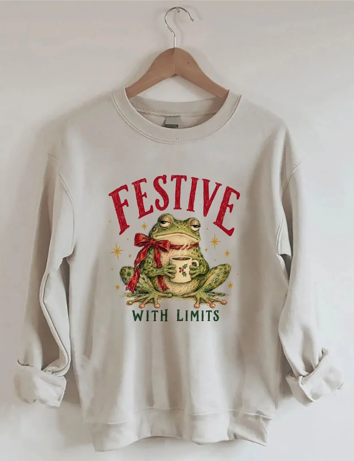 Festive With Limits Funny Christmas Frog Drinking Coffee Holiday Sweatshirt