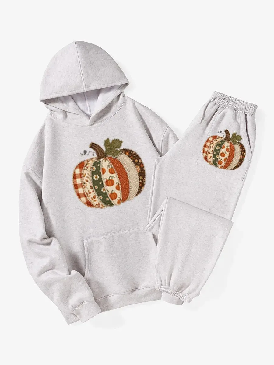 Vintage Fall Pumpkin Patchwork Design Cozy Hoodie for Women