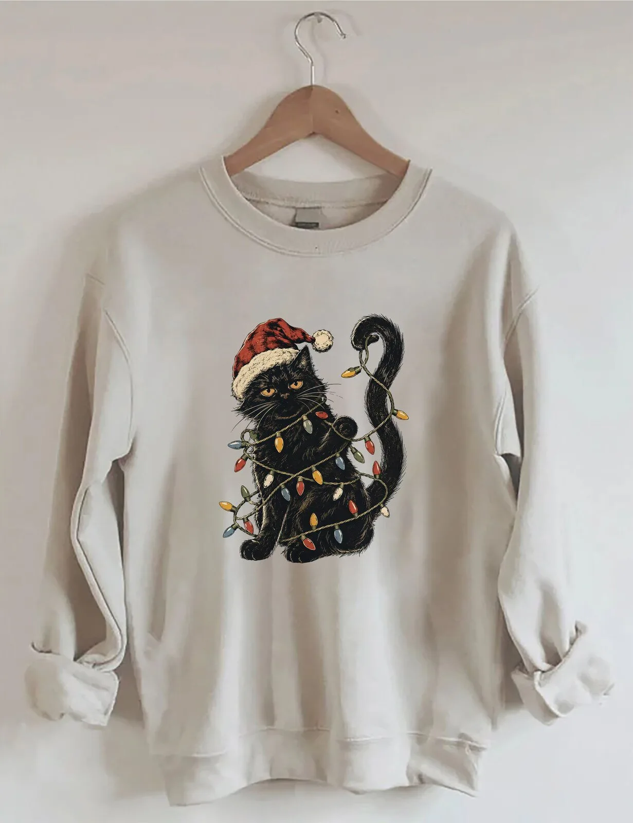 Funny Black Cat Christmas Lights Santa Hat Holiday Sweatshirt