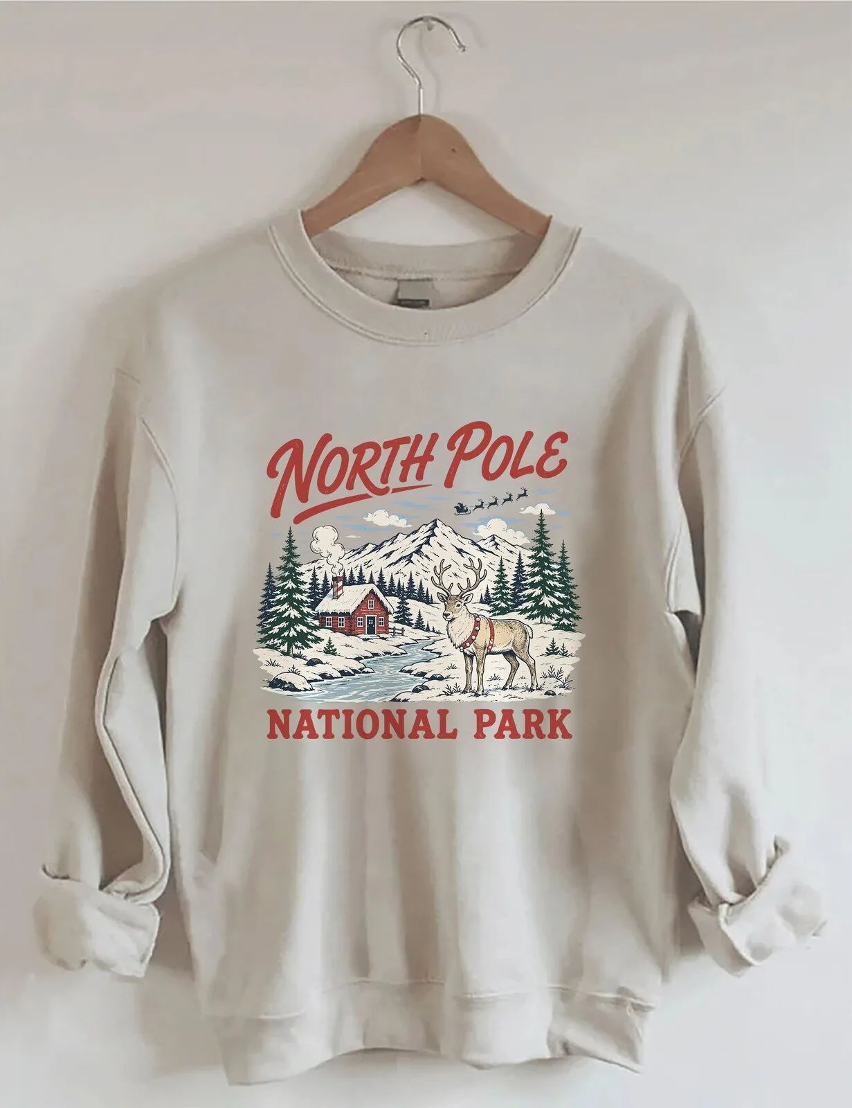 North Pole National Park Christmas Reindeer Winter Landscape Sweatshirt