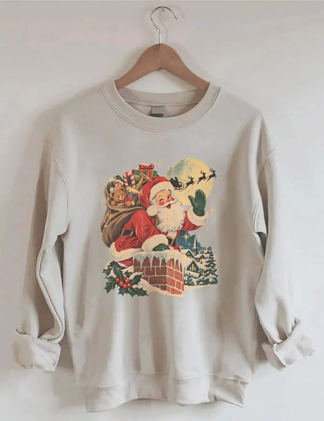 Vintage Santa Claus Christmas Eve Reindeer Sleigh Holiday Sweatshirt